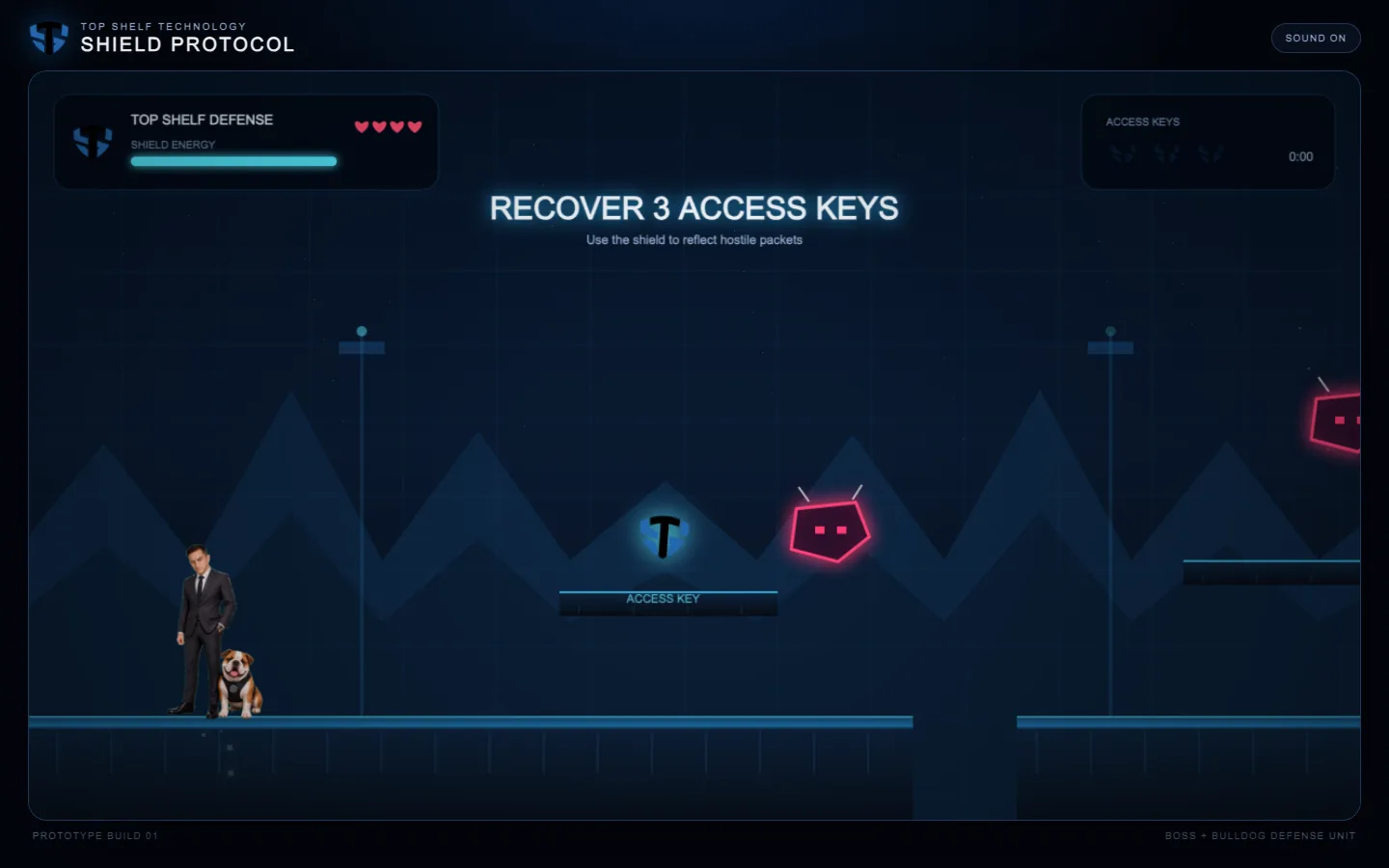Top Shelf Shield Protocol browser game showing the Boss and Bulldog Defense Unit defending a network